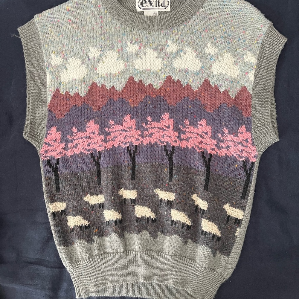 Vintage Gray and Pink Sheep Sweater Vest